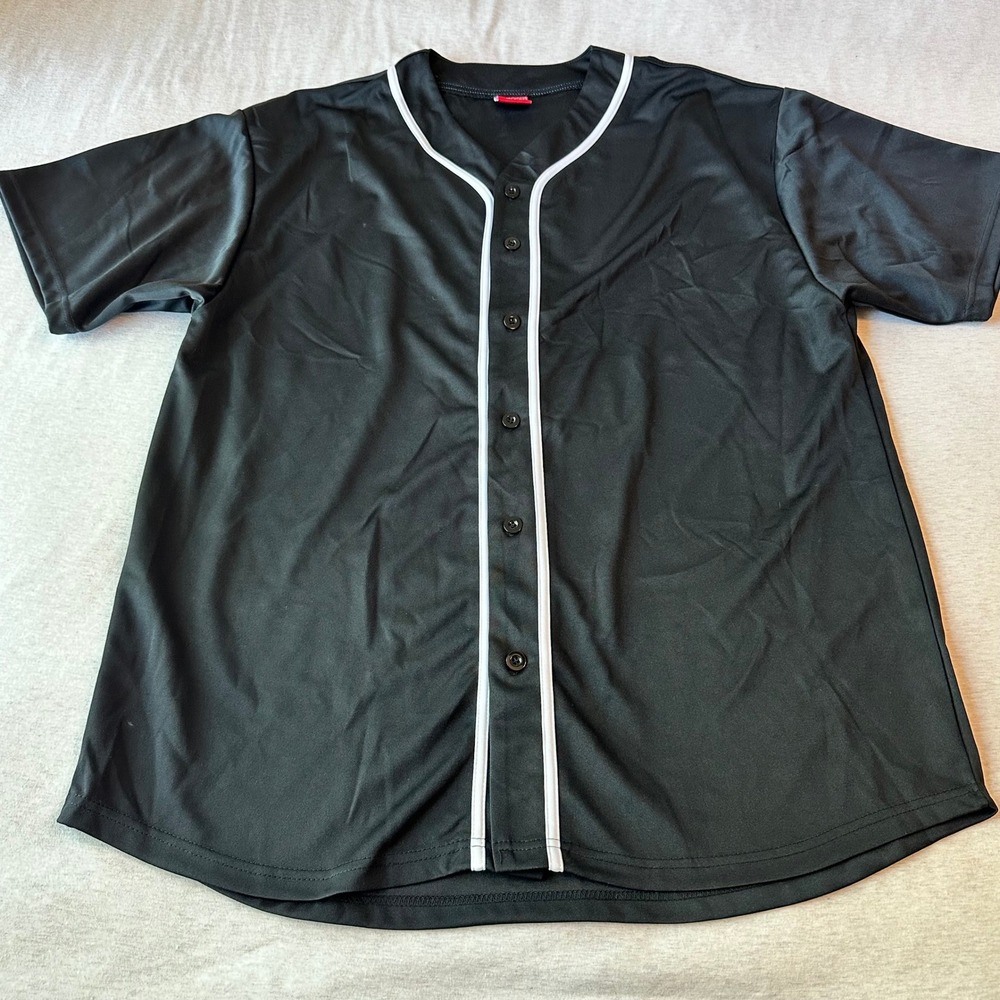 Victorious Mens Baseball Jersey Black White Piping Button Up Shirt 2XL RN108495